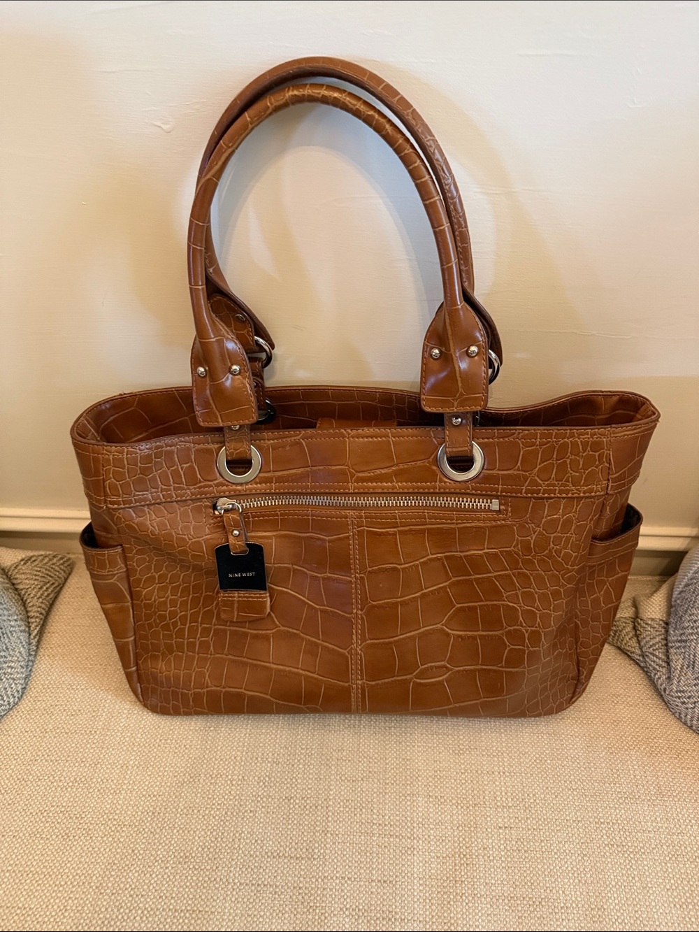 Nine West Cognac Croc-Embossed Tote with Dual Handles
